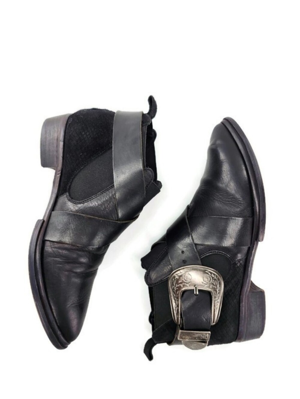 Free People Maverick Chelsea Black Leather Suede Silver Western Buckle Shooties - Picture 4 of 14